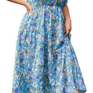 Plus Size Casual Maxi Dress Floral Puff Sleeve Tiered with Pockets